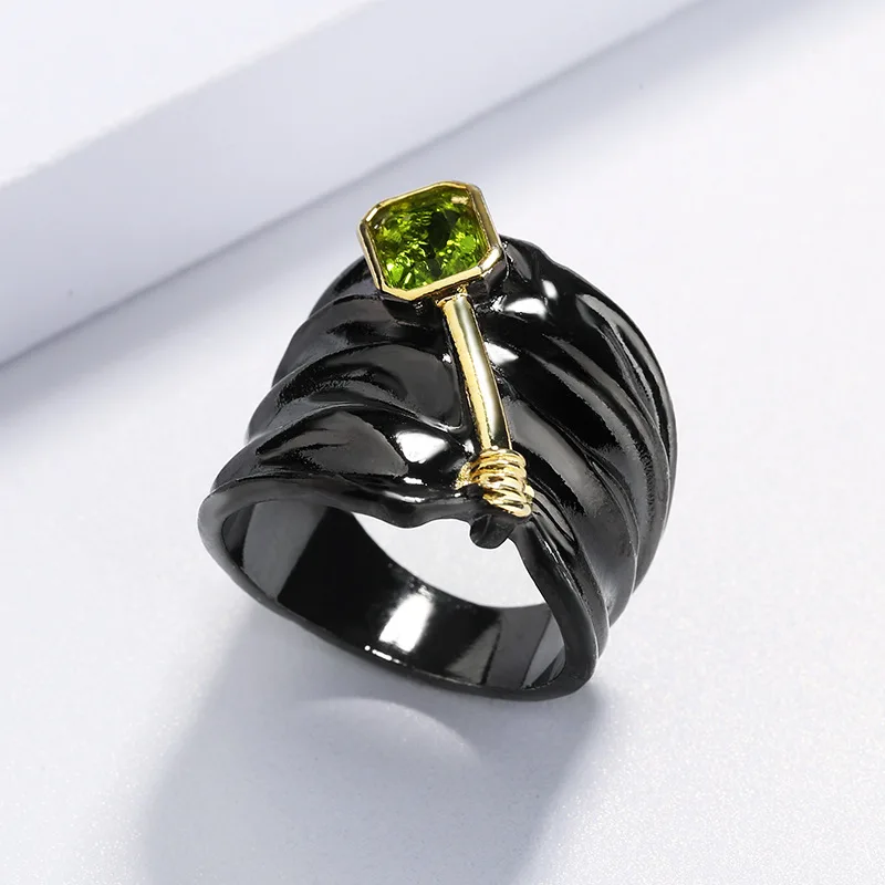 925 Silver Two-Tone Inlaid Topaz Green Zircon Ring Special Design Black Gold Engagement Ring Jewelry Gift