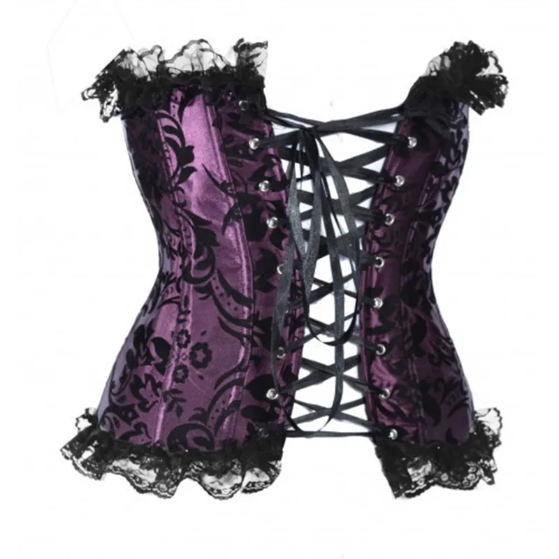 Purple Sexy Lace Up Satin Flower Jacquard Waist Trainer Corset Victorian Bustiers Lingerie Steampunk Boned Overbust Corselet