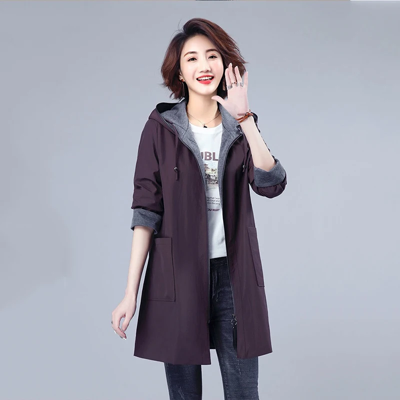 

Fashion Women's Trench Coat New Spring Autumn Jacket Mid-Length Hooded Loose Casual Windbreaker Outerwear Female 5XL 2024