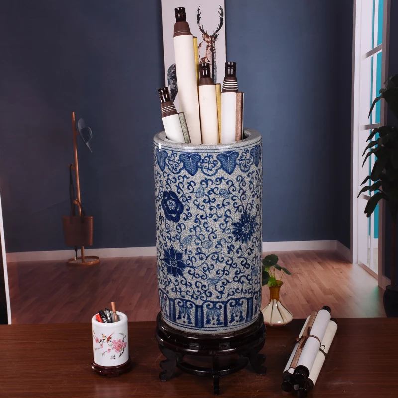 Antique Cracked Blue and White Porcelain Quiver Painting and Calligraphy Cylinder Scroll Cylinder Umbrella Bucket Living Room