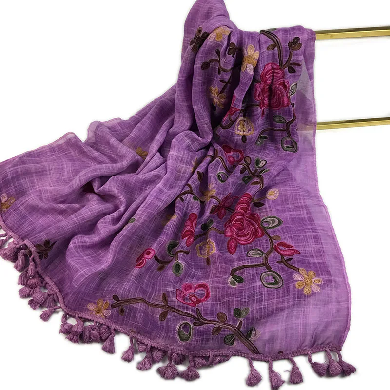 Bufanda de Hijab de algodón para mujer, chal suave bordado, borla de flores, diadema musulmana, envolturas largas, Pashmina, Bandana，foulard mujer