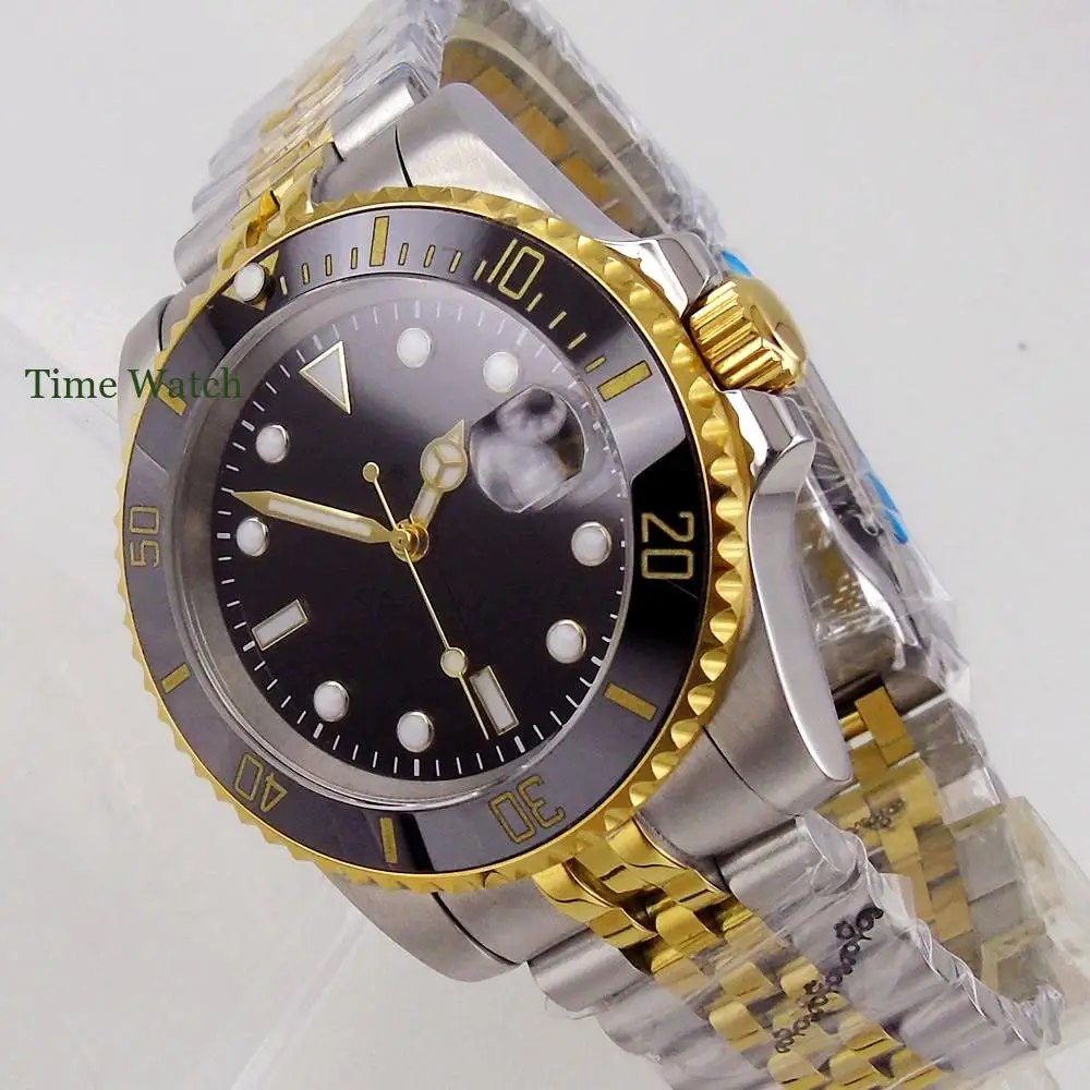 

Gold Plated 40mm Men's Automatic Watch NH35/Miyota 8215 Movement Sapphire Glass solid Band Date Cyclops Ceramic Insert