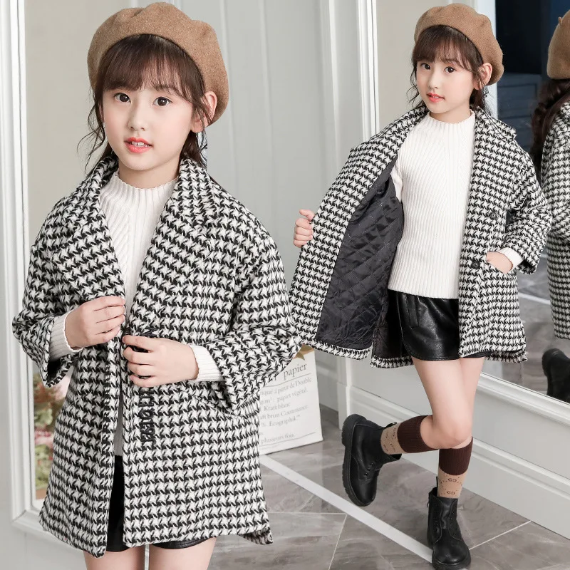 Girls Coat Fashion Plaid Wool Coat For Girls Double-Breasted Kids Outerwear Autumn Winter Clothes For Girls 4 6 8 10 12 13 Years