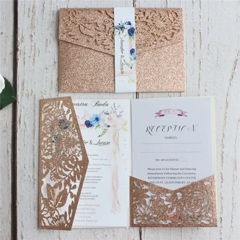 

Personalizzato wedding card invitation glittery rose gold flower greeting cards tri-fold pocket 50pcs