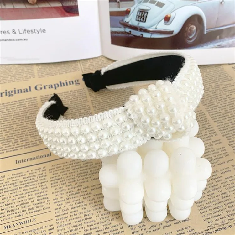 New Handmade Women Simulated-pearls Knot Bow Hairbands White Black Wide Beaded Headwraps Elegant Simple Headbands Hair Hoop