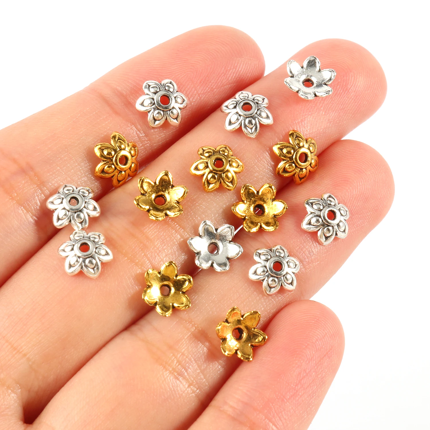 Antike Gold- und Tibet-Silberfarbene Perlenkappen, Endkappen, Blumenperlen, Handarbeiten für Schmuckherstellung, Zubehör für DIY-Projekte – Detail 5