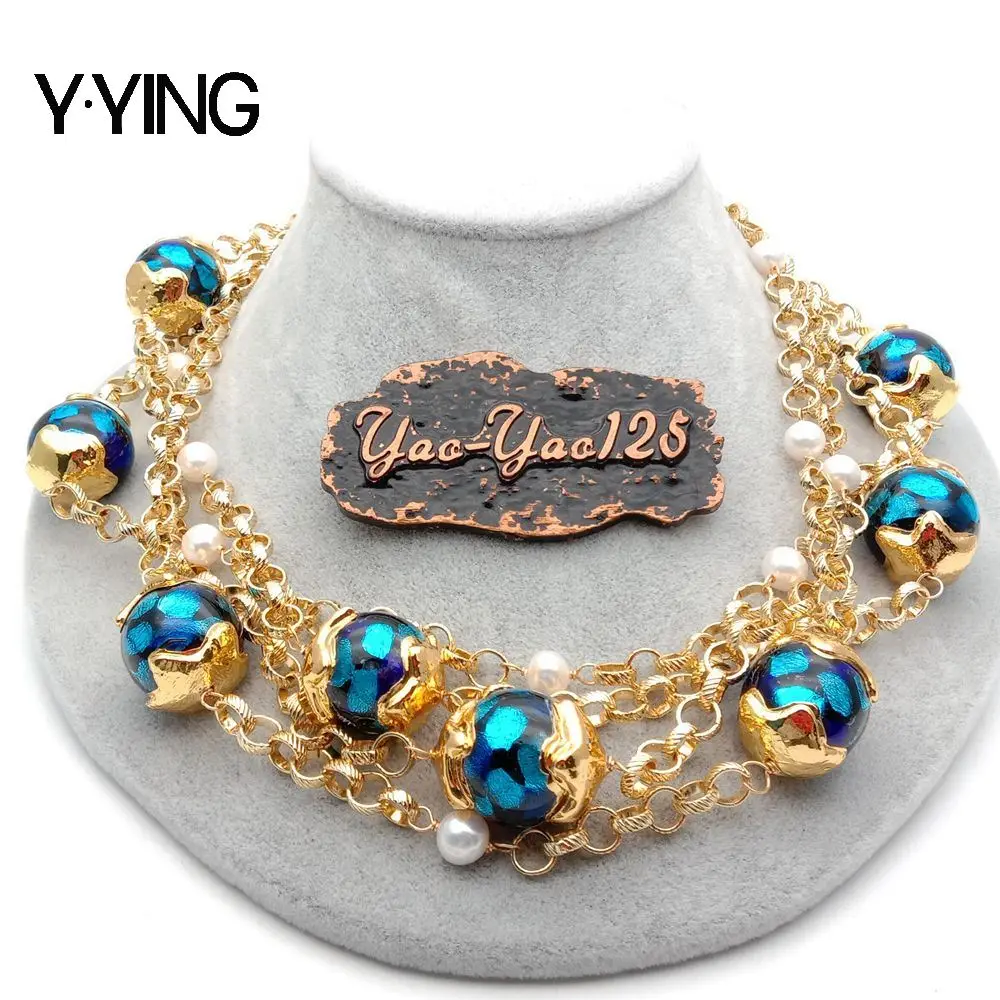 Y·YING New Fashion 4 Rows Pearl Blue Murano round Class O-Chain Necklace 19