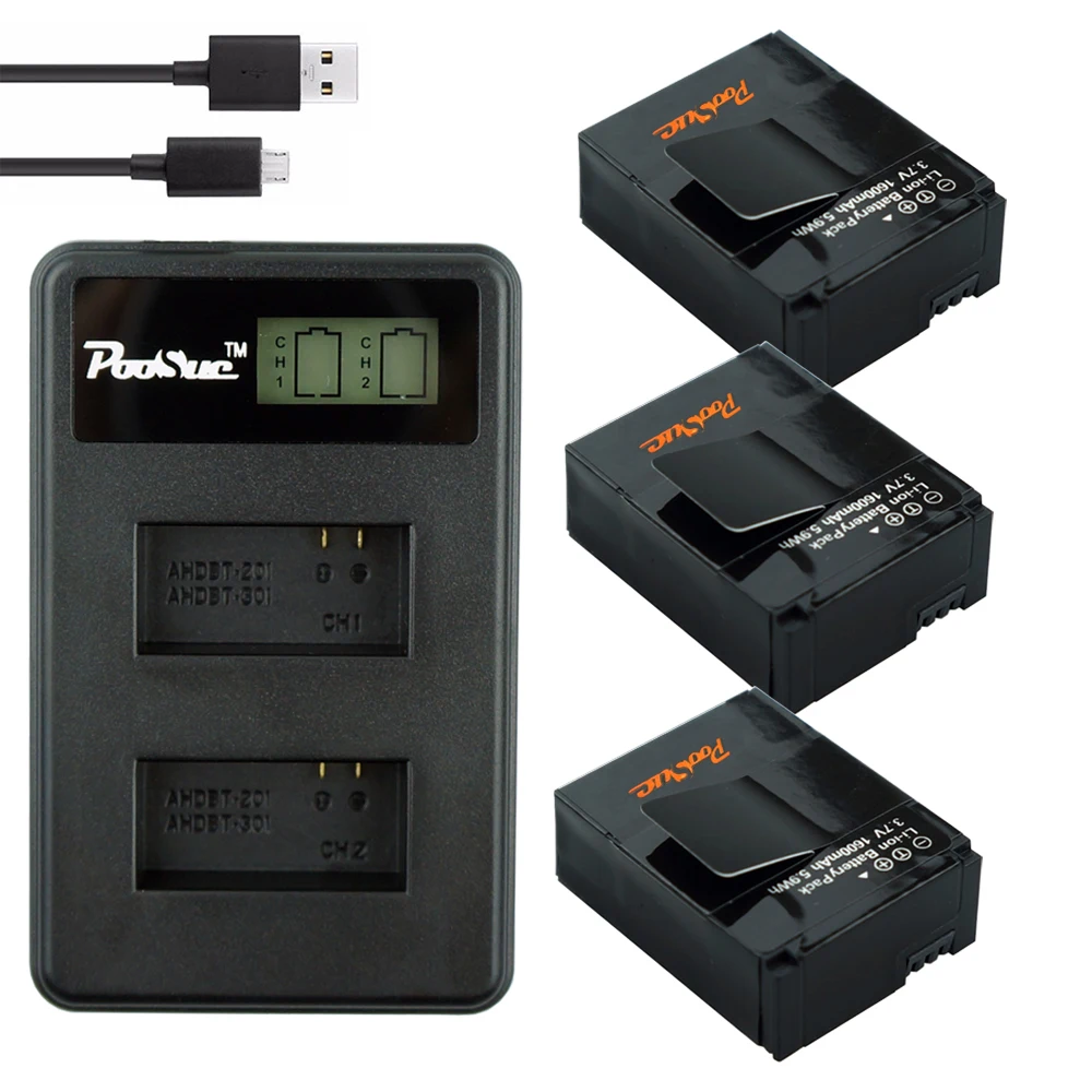 1600mAh AHDBT-301 AHDBT-302 Batteries + LCD Dual Charger For GoPro Hero 3+ Go Pro Hero3 Plus  Action Camera