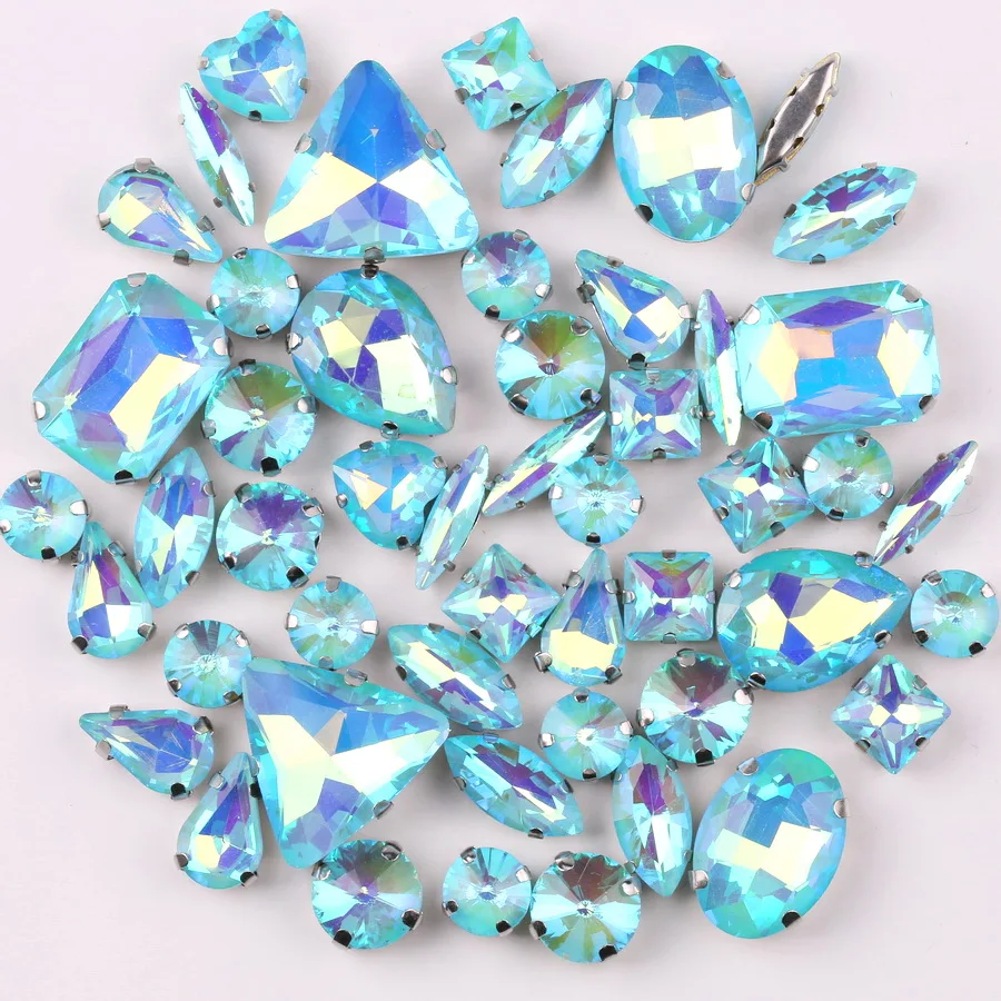 Silberne Krappenfassung Jelly Candy Aquamarin AB 50 Stk./Beutel Gemischte Formen Glaskristall zum Aufnähen Strass für Hochzeitskleider, Schuhe, Taschen, DIY – Detail 3