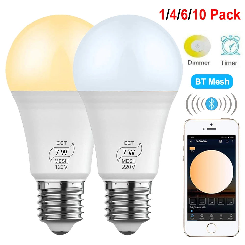 E27 Smart Bluetooth-compatible LED Bulb 7W CCT Dimmable Lamp AC100V 220V BT Mesh Net Group Smart LED Light Home Indoor Lighting