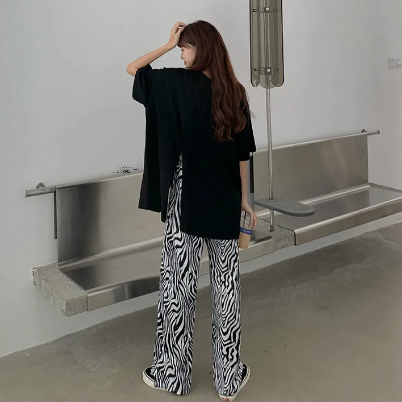 Sets Frauen Casual Weiche Sommer Chic Jugendliche Outfits Hohe Taille Zebra-print Harajuku Volle Länge Hosen Seite-schlitz design Teen Top