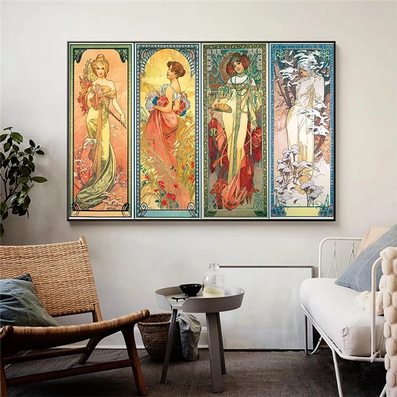 Alphonse Mucha Times of Day Vintage Posters and Prints Art Nouveau Woman Canvas Paintings Wall Art Pictures Home Decor Cuadros