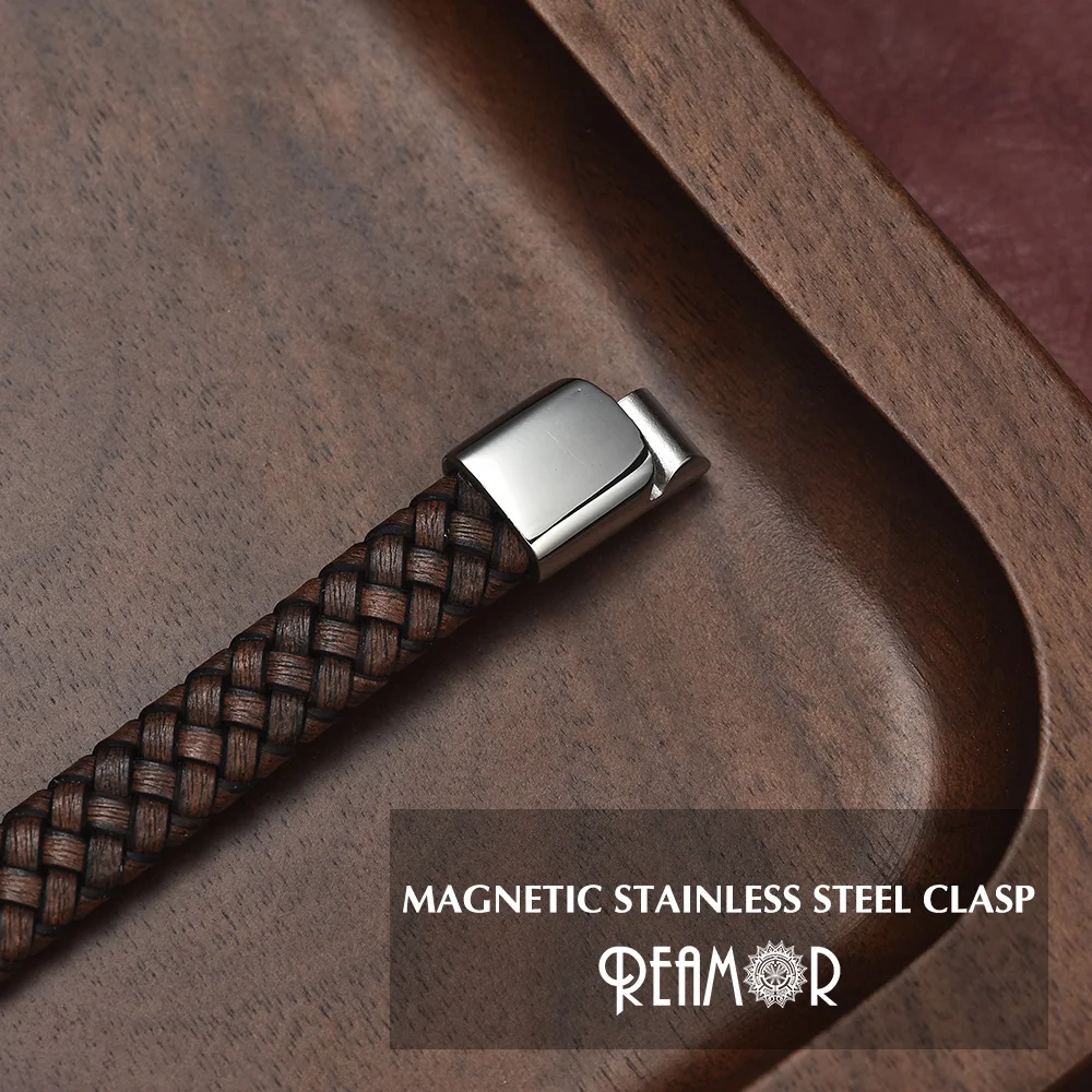 REAMOR Luxury New Stainless Steel Inlay Leather Connector Bracelets Mens Brown Genuine Leather Bracelet Mens Gift Jewelry