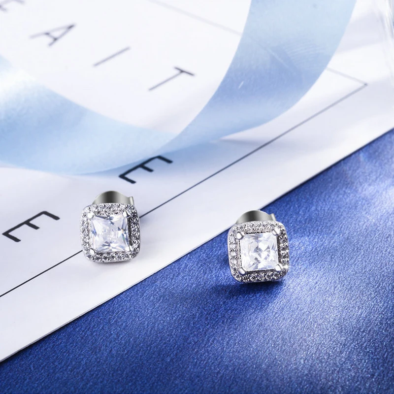 New Fashion Party Luxury Crystal Square Stud Earrings 925 Sterling Silver AAA Zircon Exquisite Ear Stud For Women Jewelry Gift