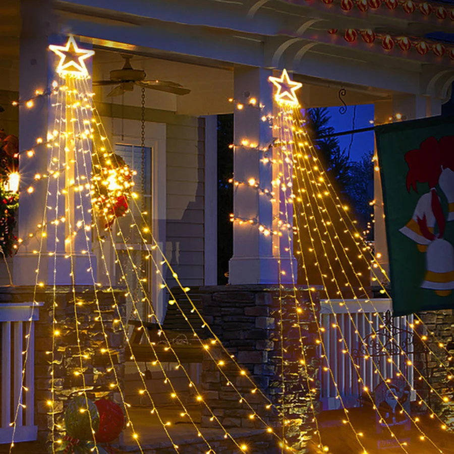 Lumières solaires dégradées d'étoile de Noël, 9x3,5 m, cascade, lumières d'arbre de Noël avec dessus d'étoile, guirxiété lumineuse pour la décoration extérieure