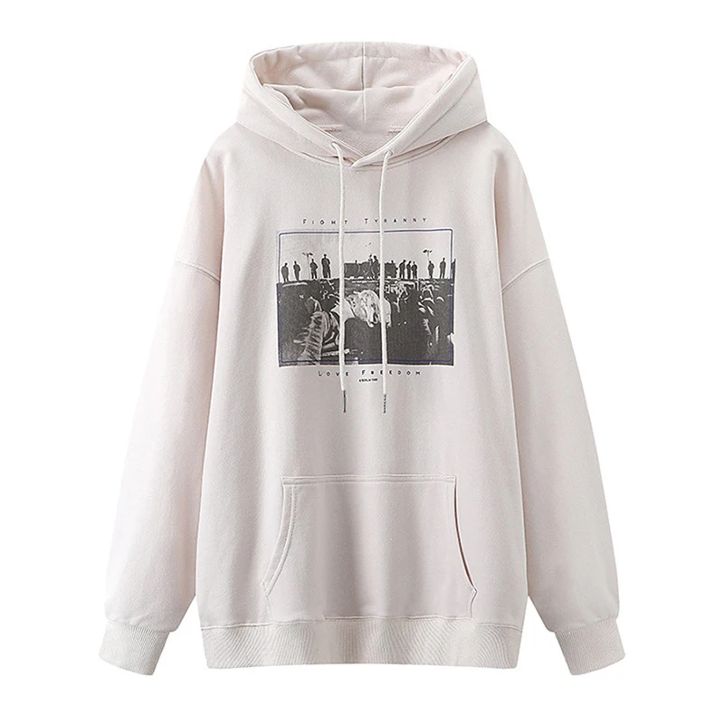 

PUWD Casual Women Print Beige Oversize Hoodies 2022 Autumn Fashion Ladies Cotton Loose Streetwear Hoodies Girls Chic Pullover