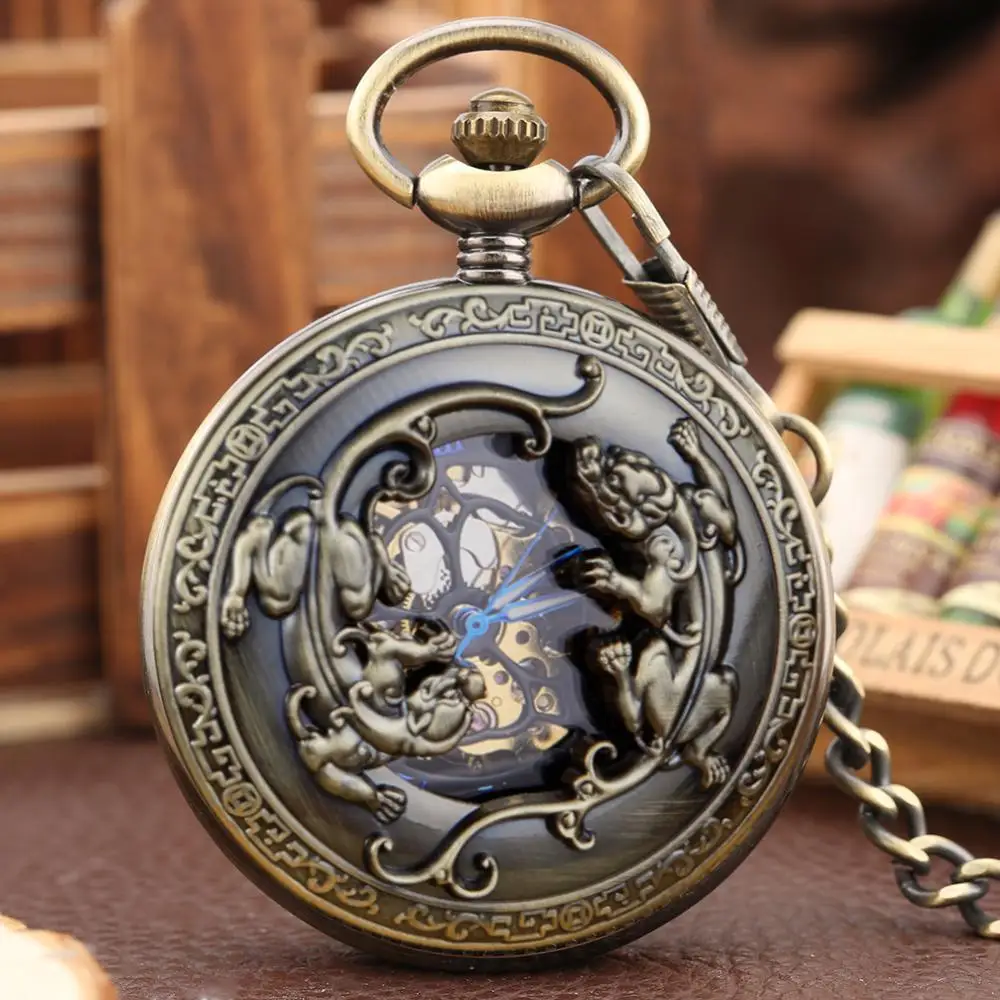 Reloj de bolsillo mecánico con grabado de Animal salvaje, reloj colgante con giro y cuerda manual, con números romanos