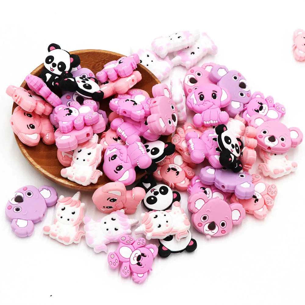 BOBO.BOX 50pcs/lot Silicone Beads Mini Unicorn Koala Raccoon Fox Penguin Swan Baby Teething Food Grade Loose Teether Beads Baby