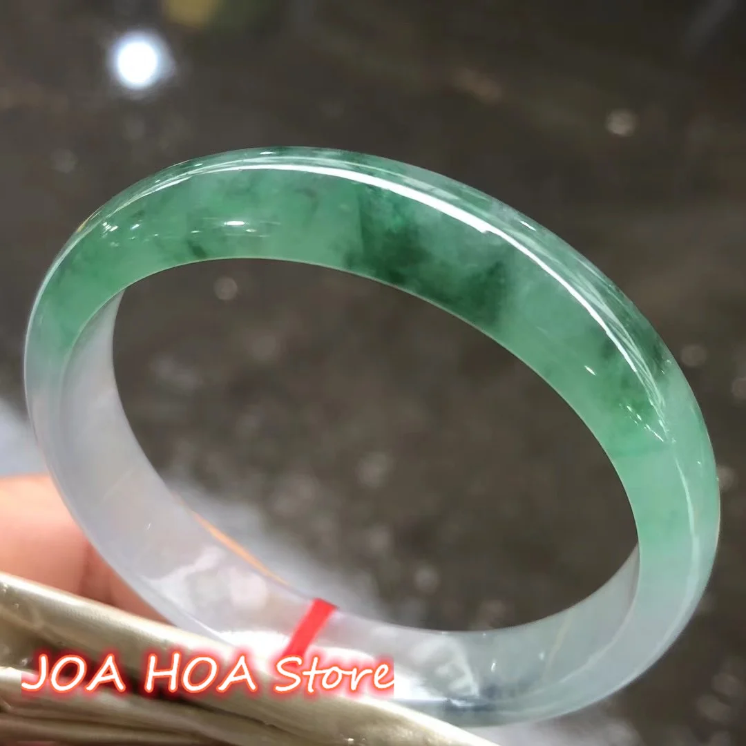 

Woman Temperament A Grade Icy Species Jade Bangle Flat Bar Real Rare Floating Green Flowers Bracelet Emerald Hand-Ring Jewelry