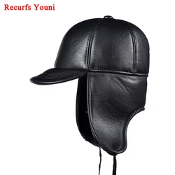 Winter Man Genuine Leather Cap Male Warm Faux Fur Inside Big Earflap Gorras Middle-Aged Elderly Father Cold Protect Bomber Hats