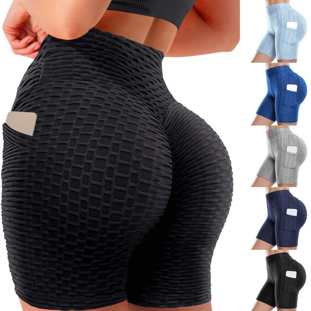 Sports Yoga Shorts Side Pockets High Waist Hip Stretch Bubble Shorts Super Elastic Five-point Pants Sports Fitness Cycling