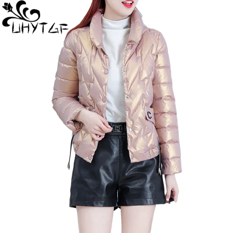 UHYTGF Womens Parkas Coat Padded Jacket Short Outerwear Thin Winter Clothes Woman Jacket Single-breasted Tops Kobieta Kurtka 907