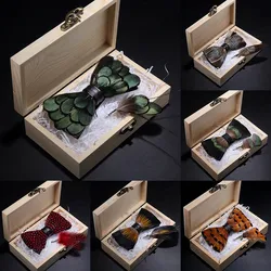 GUSLESON Original Green Birds Feather Bow Tie Natural Hand Made Bowtie Brooch Wood Gift Box Set For Men Business Party Wedding
