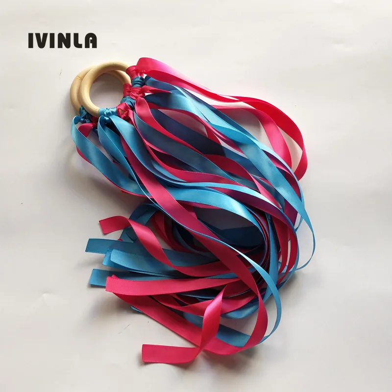 

20pcs/lot blue and red Wooden Ring Waldorf Ribbon With Bell Hand Kite Toy FLY ME Birthyday Party Favors