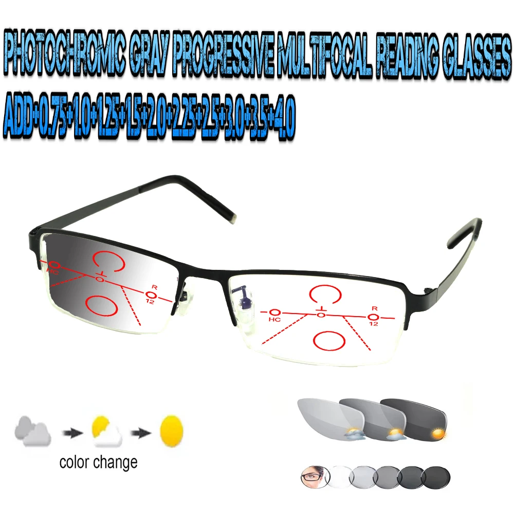 

Photochromic Gray Progressive Multifocal Reading Glasses Men Woem Ultralight Black Frame+1.0 +1.5 +1.75 +2.0 +2.5 +3 +3.5 +4