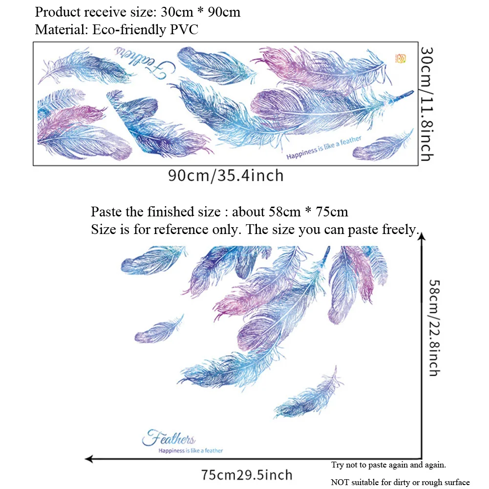 Blue-purple Feathers Wall Sticker Living Room Bedroom Home Decoration Wallpaper Background Removable Mural Modern Style Stickers
