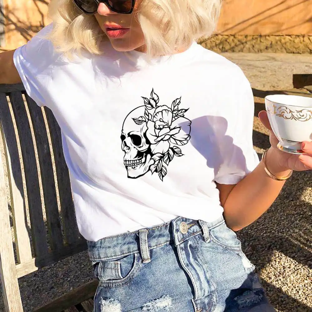 

Floral Skull 100%Cotton Print Women T Shirt Cool Girls Funny Summer Short Sleeve Top Nature Skeleton Illustration Boho Shirts