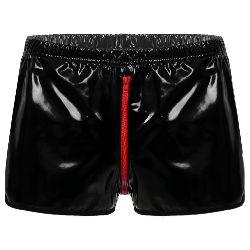 Mens Sexy Open Crotch Leather Short Pants For Sex Zipper Crotchless Shiny Patent Leather Fetish Boxer Erotic Hot Porn Pants Sexi