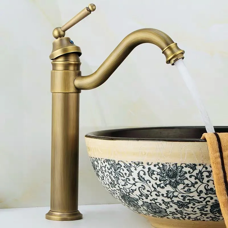 

Basin Faucets Brass Antique Bathroom Large Bend Mouth Type Deck Mounted Wash-basin Mixing Faucet Cold Hot Water Crane Sink Taps