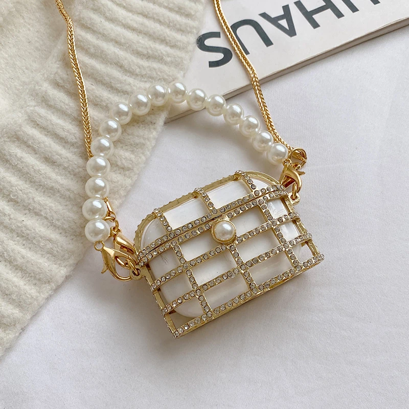 

Super Mini Pearl Beads Handbags for Women Diamond-bordered Metal Alloy Earphone Bags Hollow Out Luxury Designer Shoulder Purses