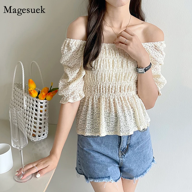 

New Short Sleeve Summer Simple Tops Sexy Slash Neck Clavicle Puff Sleeve Shirt Female Hollow Out Pleated Slim Waist Blouse 14075