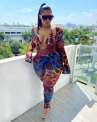 BKLD New Romper Fashion Printing Sexy Mesh Long Sleeve Jumpsuit For Women + Bra Sexy Club Summer 2 Piece 2024 Clubwear