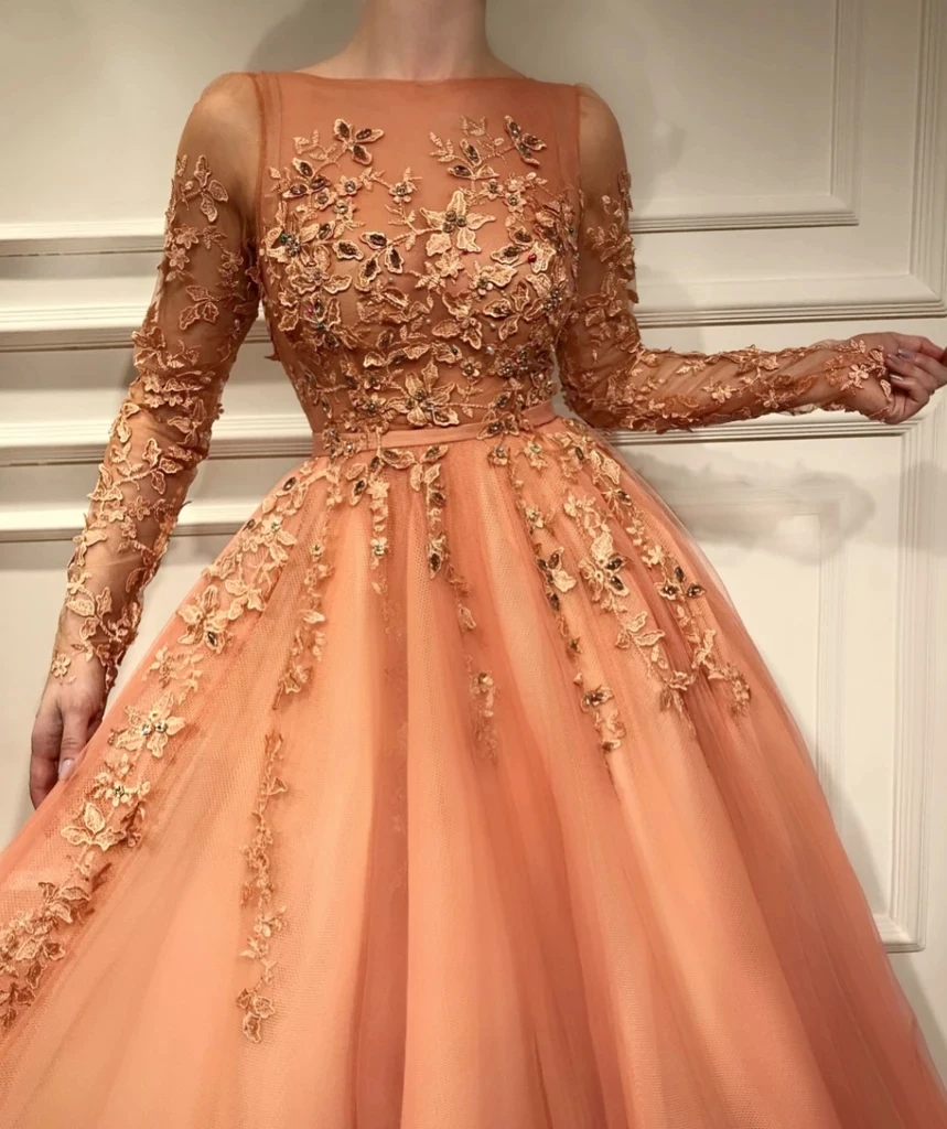 Robe de soirée de forme trapèze, tenue de bal de forme trapèze, style marocain, manches longues, Tulle, avec des Appliques, perlée, longue, turquie, dubaï, arabie saoudite