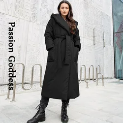 Winter Women Hooded Long Puffer Jackets with Belt Warm Thick Oversized Long Parkas Down Jacket Big Pockets Overcoats Streetwear