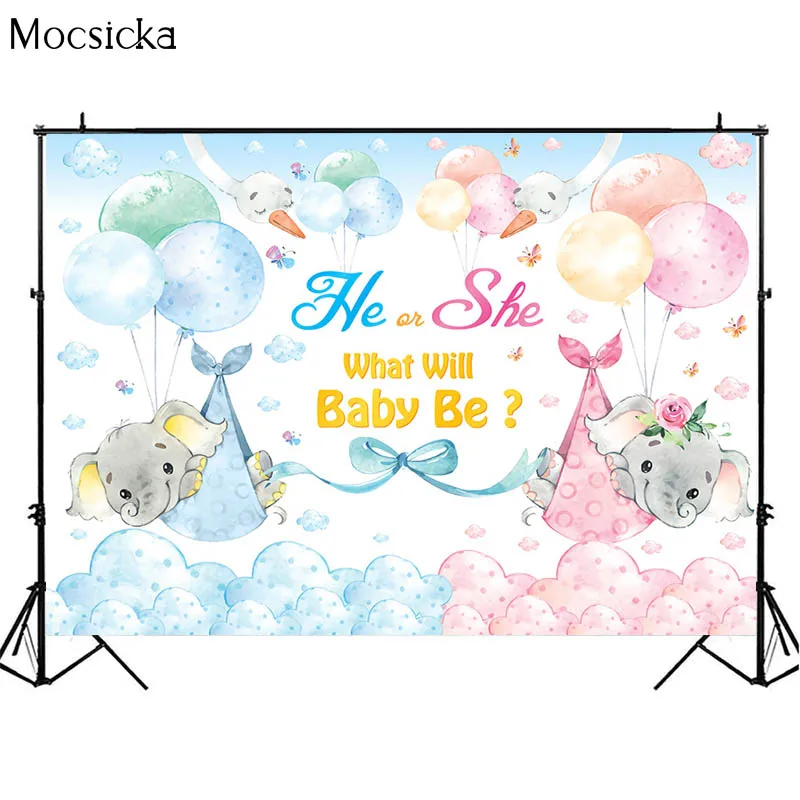 かわいい象の性別が明らかになる背景男の子または女の子赤ちゃんはサプライズパーティーの装飾とは何ですかベビーシャワーフローラルバナー