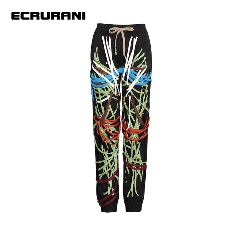 ECRURANI Colorful Casual Trousers For Women High Waist Hit Color Patchwork Bandage Harem Pants Females 2021 Fashion New Clothing