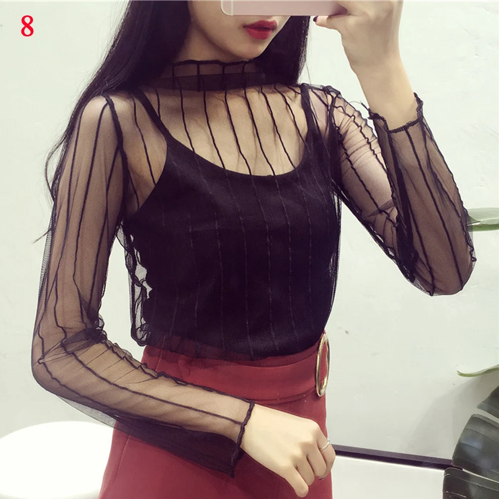 2020 Spring Summer Womens Long Sleeve Sexy Black Mesh Top Blouses Transparent Punk Club Shirt Tees Beach Tops