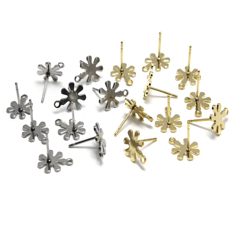 20pcs 9x11mm Stainless Steel Gold Blank Snowflake Earring Stud Posts Connector with Loop For DIY Earring Jewelry Making Findings