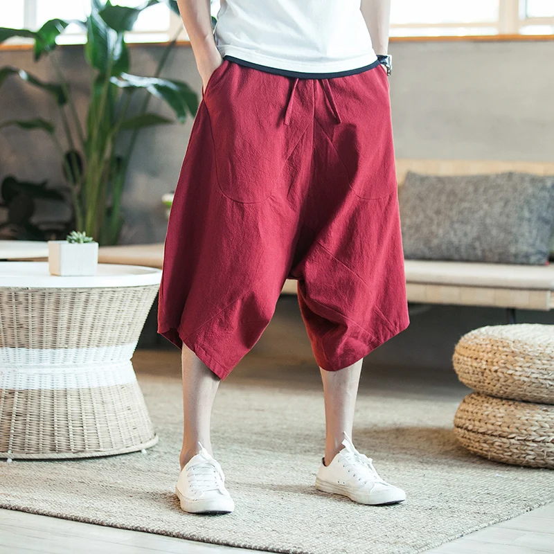 Pantalones bombachos Harajuku para hombre, Pantalón de algodón y lino, estilo chino Vintage, Color sólido, largo hasta la pantorrilla, verano, 2023