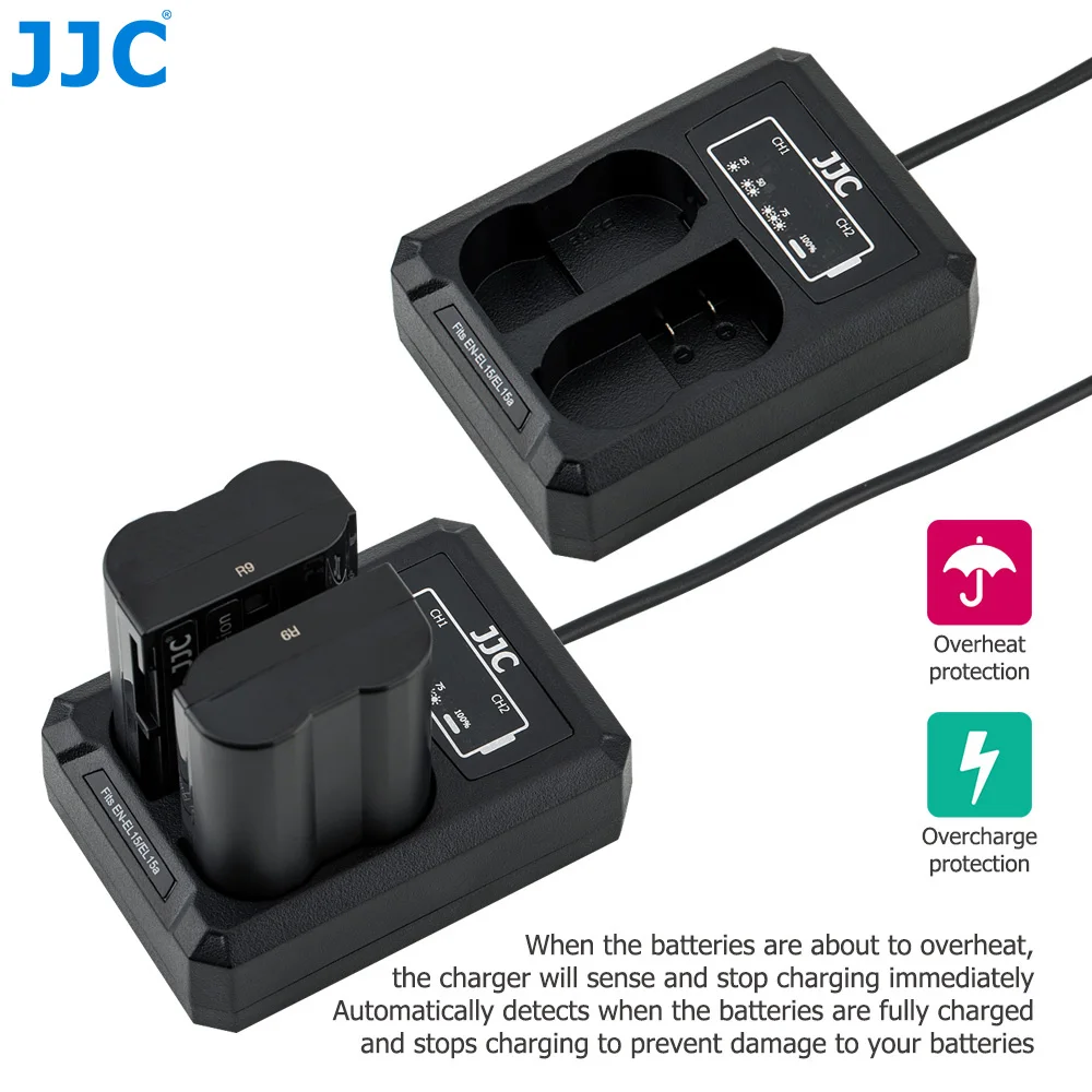 JJC USB Dual Battery Charger for Nikon EN-EL15 EN-EL15a EN-EL15b Battery on Camera Z7 Z6III D850 D810A D810 D800 Replaces MH-25A