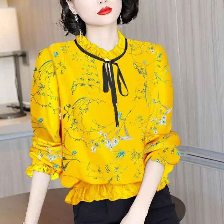 Lace Hollow Out Ruffles Chiffon Shirt 2023 Spring Autumn New Fashion Office Lady Print Blouses Casual Loose Oversized Blouse 5XL