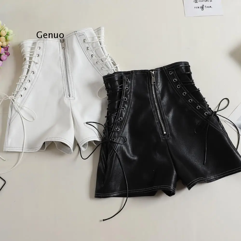 

Autumn Women PU Shorts Tie High Waist Shorts Female Casual Black Shorts Ladies All Match Wide leg Shorts Short Pants