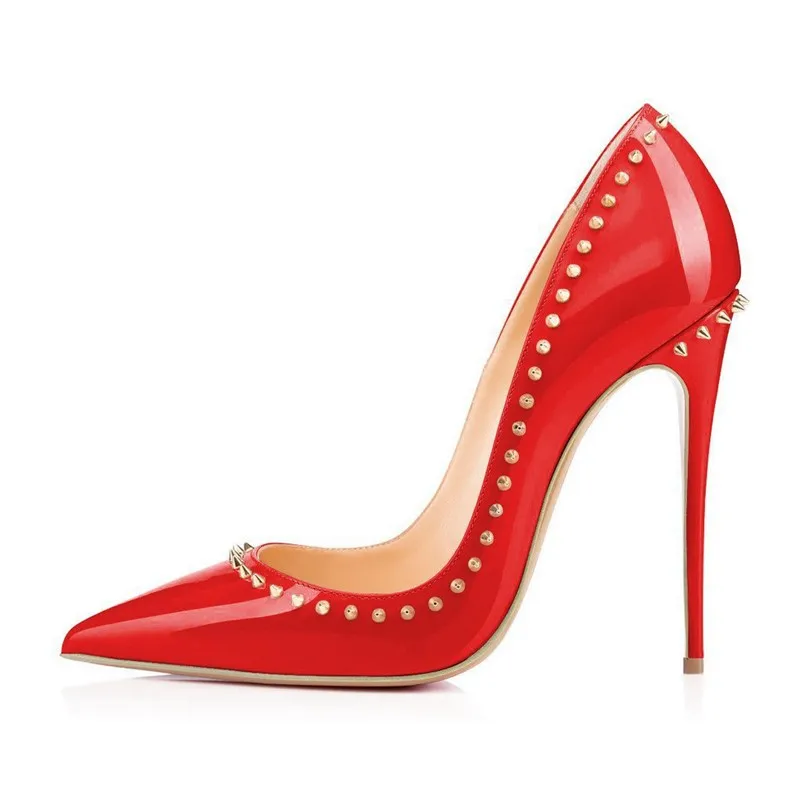 Sexy Woman Heel New Stilettos High Heels Spring Autumn Patent Leather Pointed Toe Women Rivet Ladies Pumps Shoes Big Size D031A