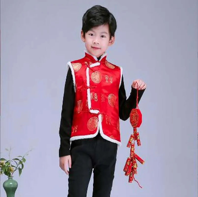 Chinese New Year Children Vest Cotton Tang Suit Boys Girls Winter Keep Warm Outwear Waistcoat Kids Satin Sleeveless Coat