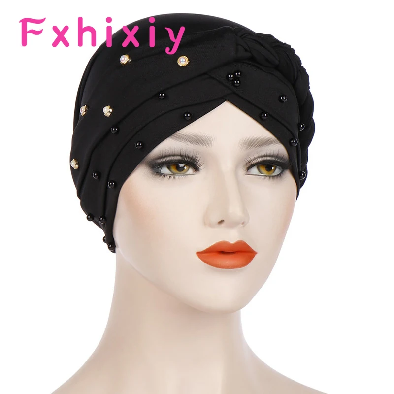 Muslim Solid Women Cross Silk Braid Pearl Bead Turban Hat Chemo Caps Headwear Headwrap Plated Hair Loss Cover