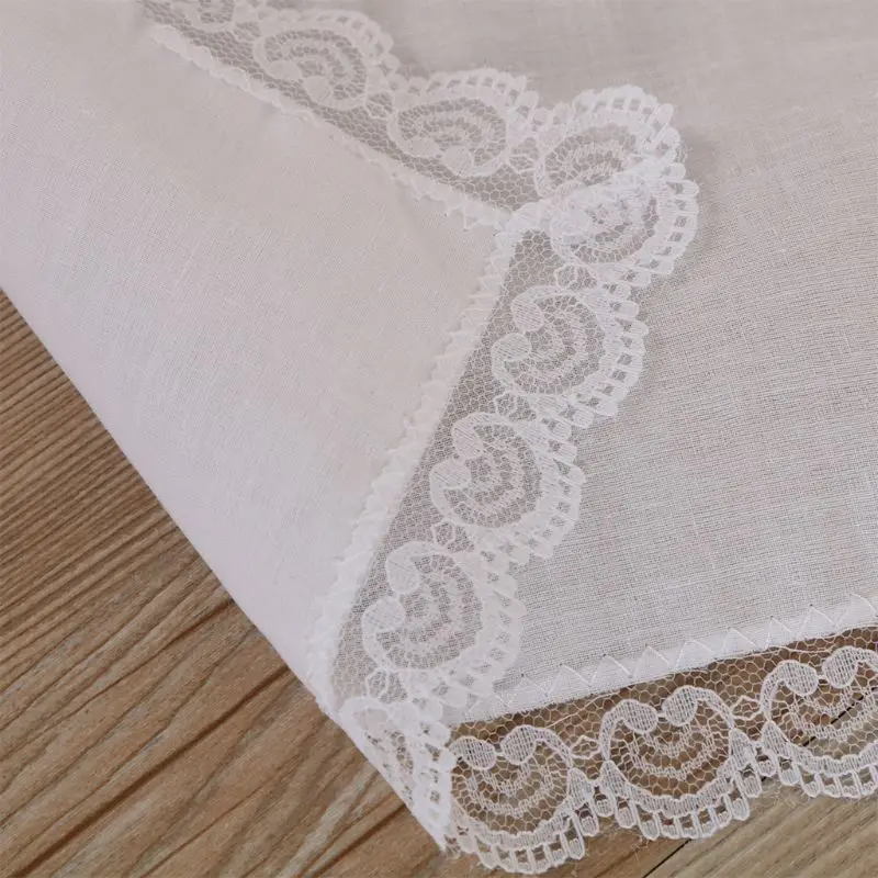 25x25cm Women Plain White Square Handkerchiefs Crochet Peach Heart Scalloped Lace Trim Bridal Wedding DIY Cotton Napkin Hankies